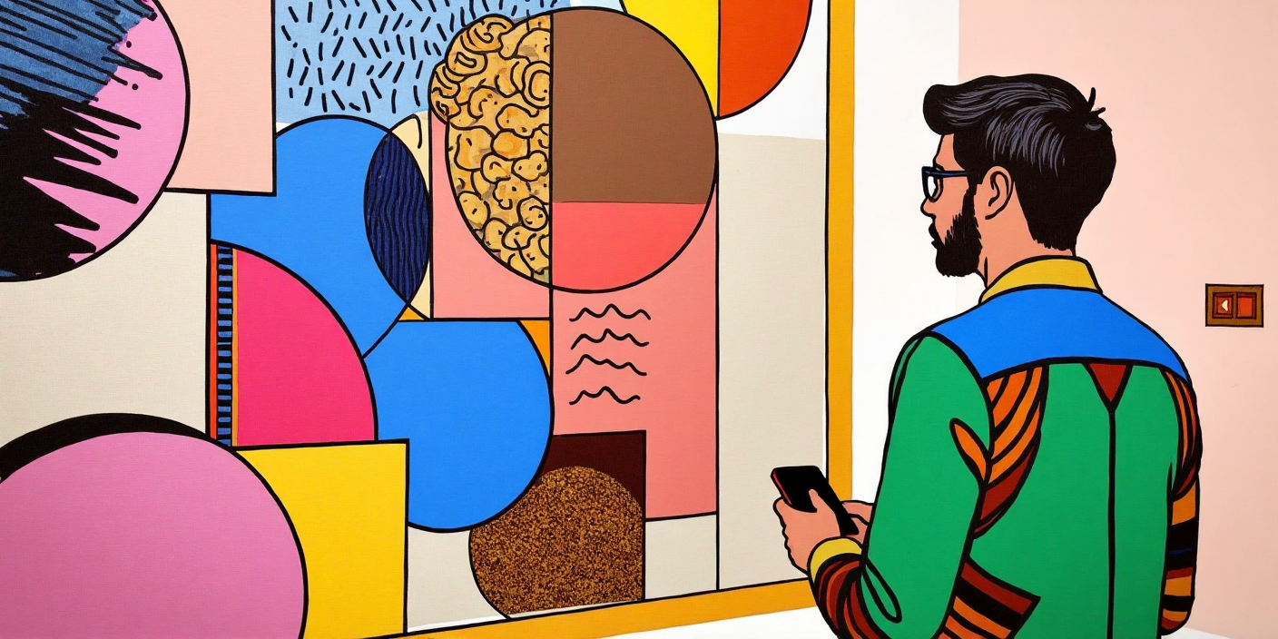 Cubist illustration: the gourmet in the museum